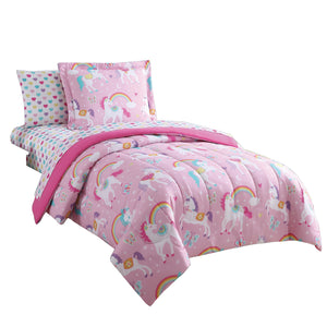 Kids Pink Rainbow Unicorn 7-Piece Bedding Set Girls Coordinated Comforter Sheets Set