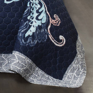 Lush Decor Aster Quilt Reversible Navy Blue Flower Pattern 3-Piece Bedding Set, Blanket Bedspread