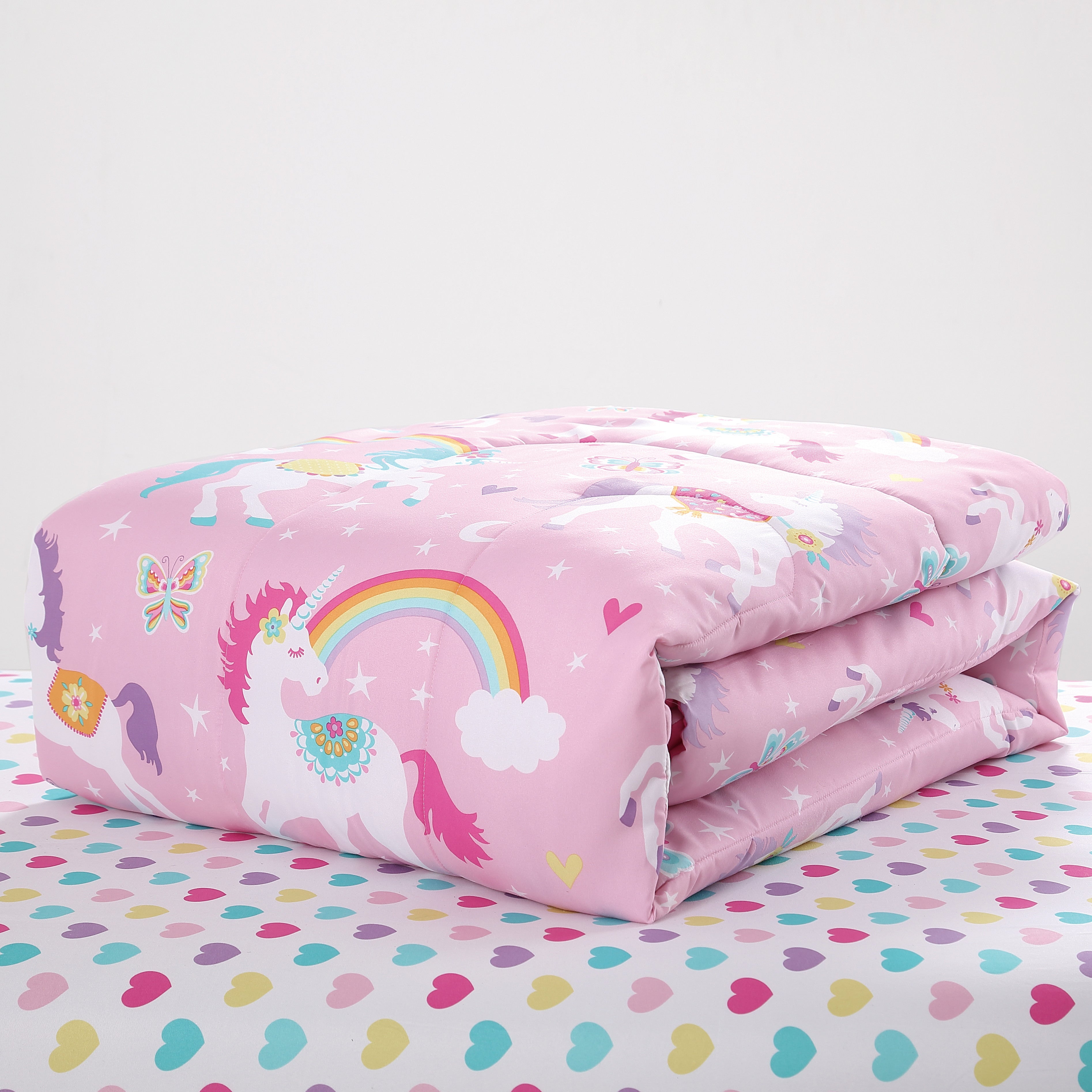 Kids Pink Rainbow Unicorn 7-Piece Bedding Set Girls Coordinated Comforter Sheets Set