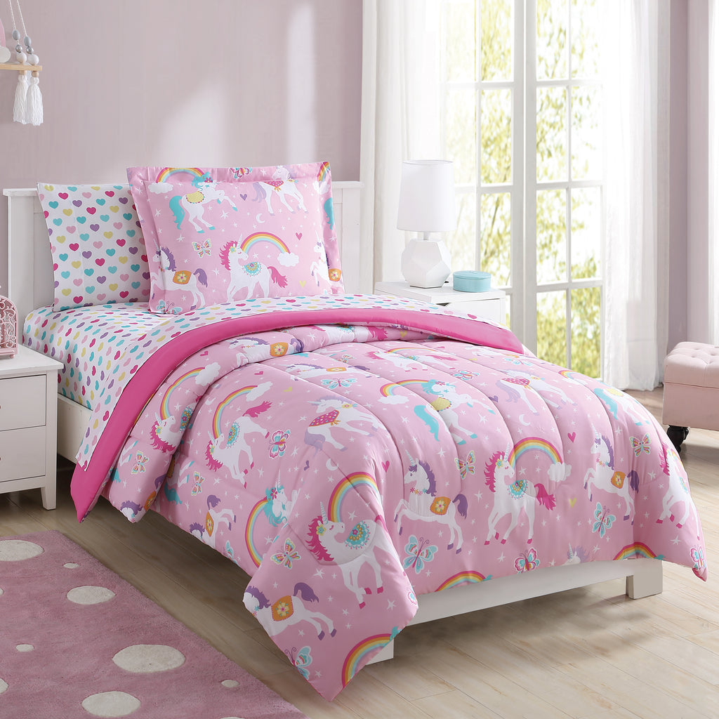Kids Pink Rainbow Unicorn 7-Piece Bedding Set Girls Coordinated Comforter Sheets Set
