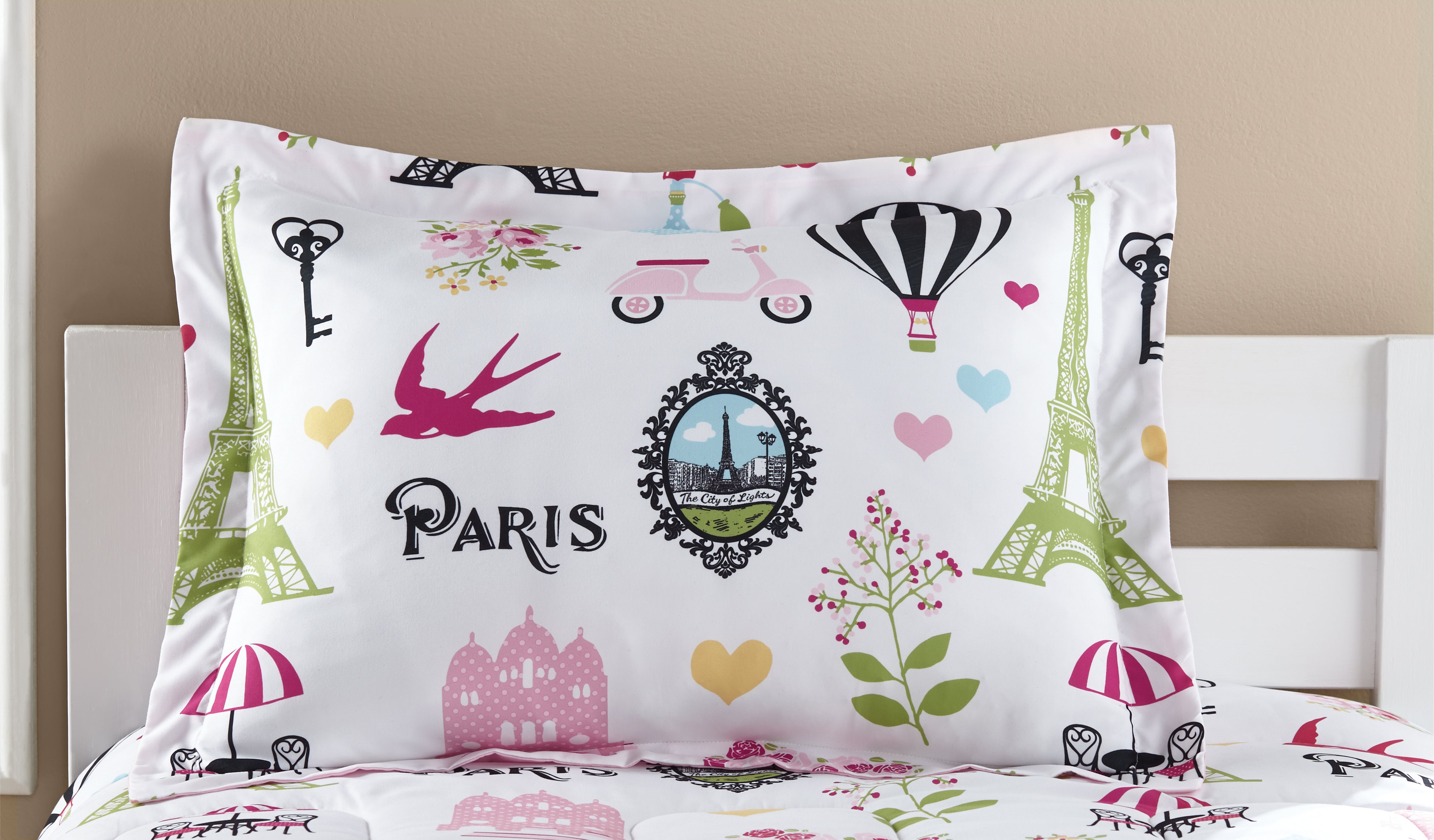 Kids Paris 7-Piece Bedding Set, Pink Girls Coordinating Bed in a Bag