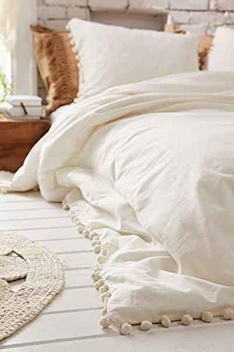 Luxurious Ultra-Soft White Pom-Fringe Duvet Cover King, Full / Queen, Twin Size