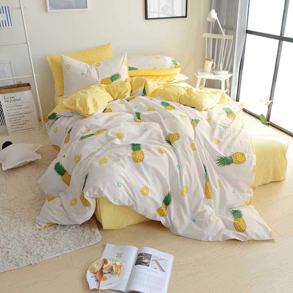 BuLuTu Premium Pineapple Print Kids Duvet Cover Set 3 Piece Set White Mainly Bedding