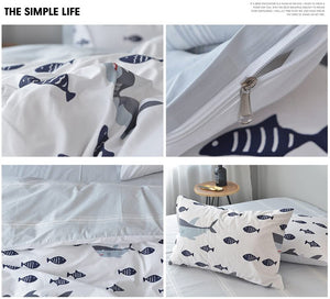 BuLuTu Premium Kids Teen Shark & Fish Blue/Grey Reversible Stripped 3-Piece Bedding Set