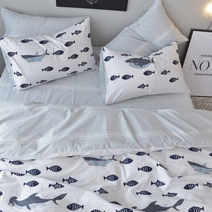 BuLuTu Premium Kids Teen Shark & Fish Blue/Grey Reversible Stripped 3-Piece Bedding Set