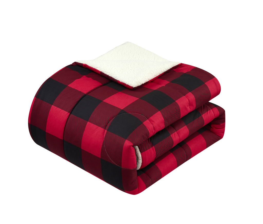 Red Buffalo Plaid Cozy Flannel Bedding Set Reversible Super Soft Sherpa Comforter