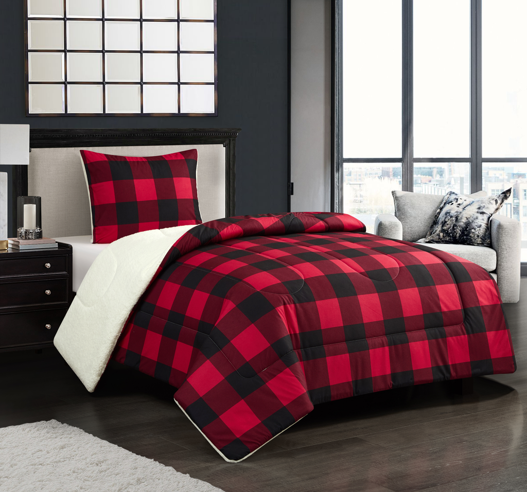 Red Buffalo Plaid Cozy Flannel Bedding Set Reverse to Super Soft Sherp Mainly Bedding