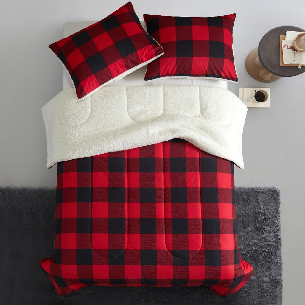Red Buffalo Plaid Cozy Flannel Bedding Set Reversible Super Soft Sherpa Comforter