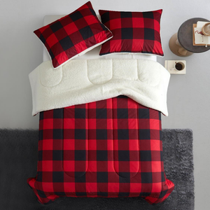 Red Buffalo Plaid Cozy Flannel Bedding Set Reversible Super Soft Sherpa Comforter