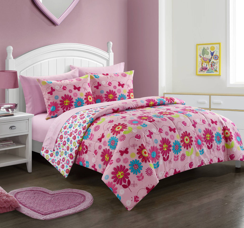 Kids Daisy Floral Bed in a Bag Complete Bedding 7-Piece Girls Pink Comforter Set