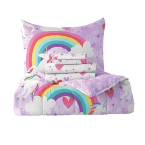 Dream Factory Purple Bedding Unicorn Rainbow 7-Piece Microfiber Bed in a Bag with Sheet Set