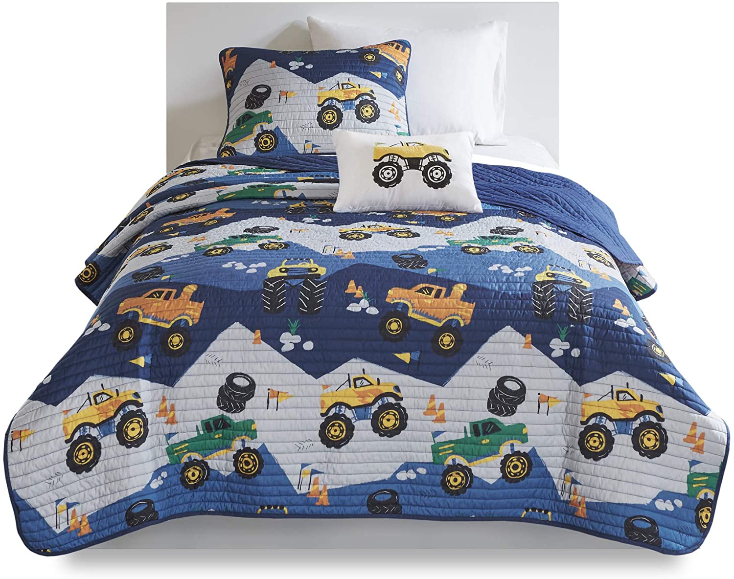 Mi Zone Vibrant Fun Kids Gavin Monster Truck Blue Reversible Coverlet Quilt Set