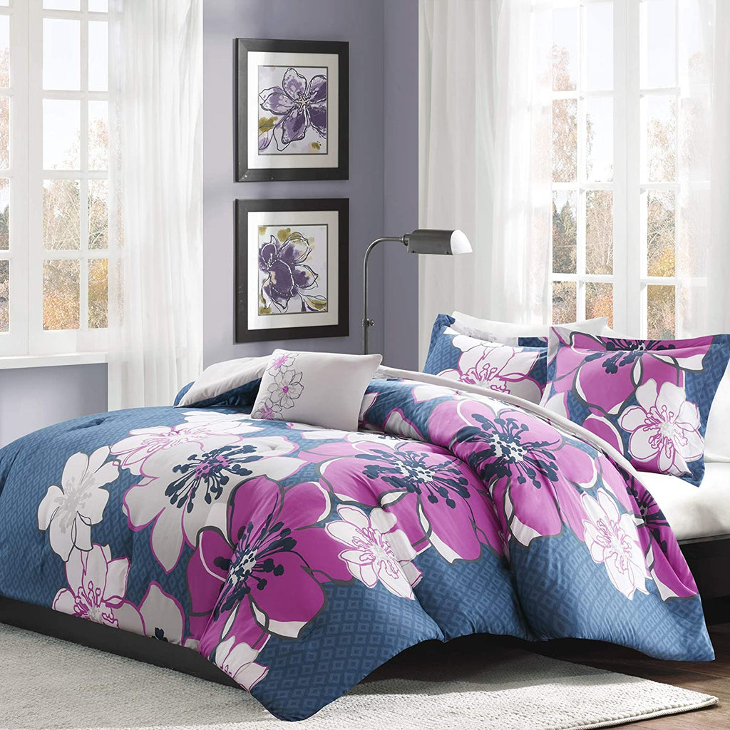 Allison Fuschia Floral Printed Comforter Set Purple by Mi Zone