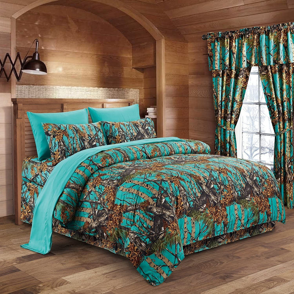 Premium Luxury Camo Comforter Set Teal Camouflage 3-Piece Bedding Set - Queen Size