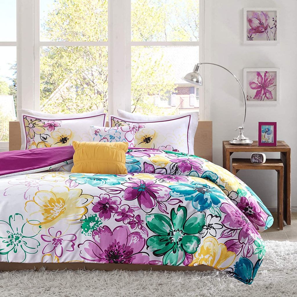 Olivia Vibrant Floral Microfiber Teen Bedding, Girls 5-Piece Comforter Set By Intelligent Design