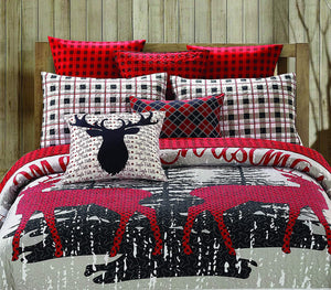 Merry Christmas Reindeer Plaid Red White Holiday 3-Piece Quilt Bedding Set