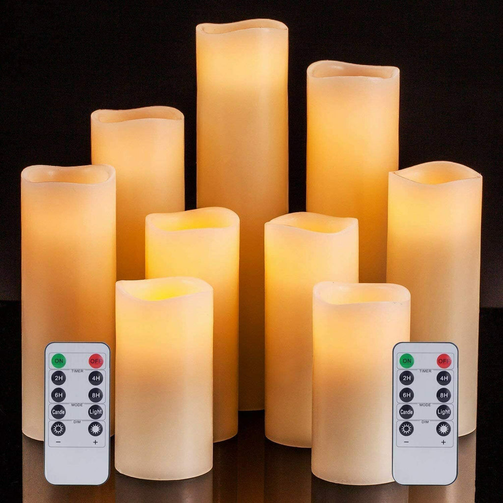 Battery Operated Flameless Candles Set of 9 Real Wax LED Remote Control & Timer