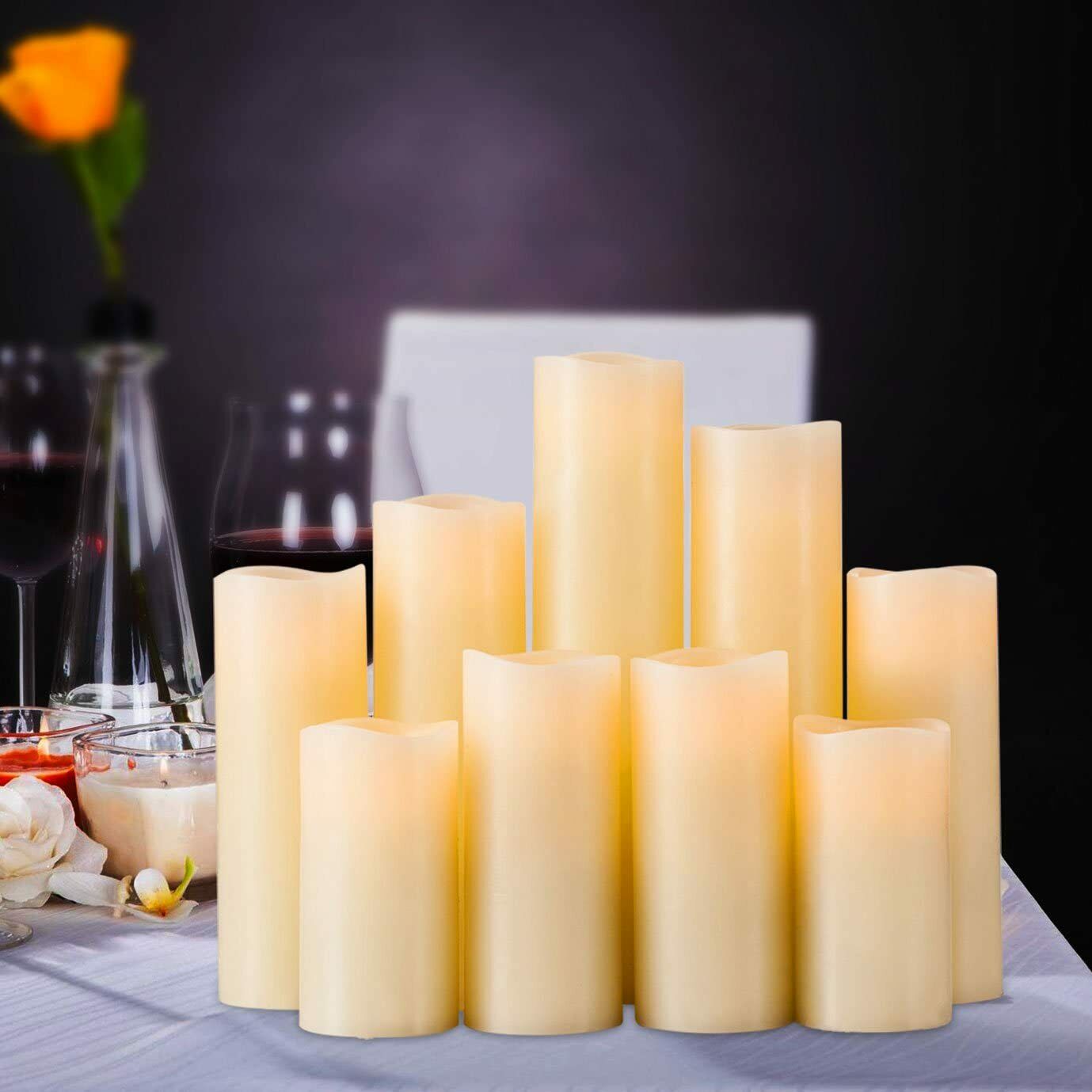 Battery Operated Flameless Candles Set of 9 Real Wax LED Remote Control & Timer