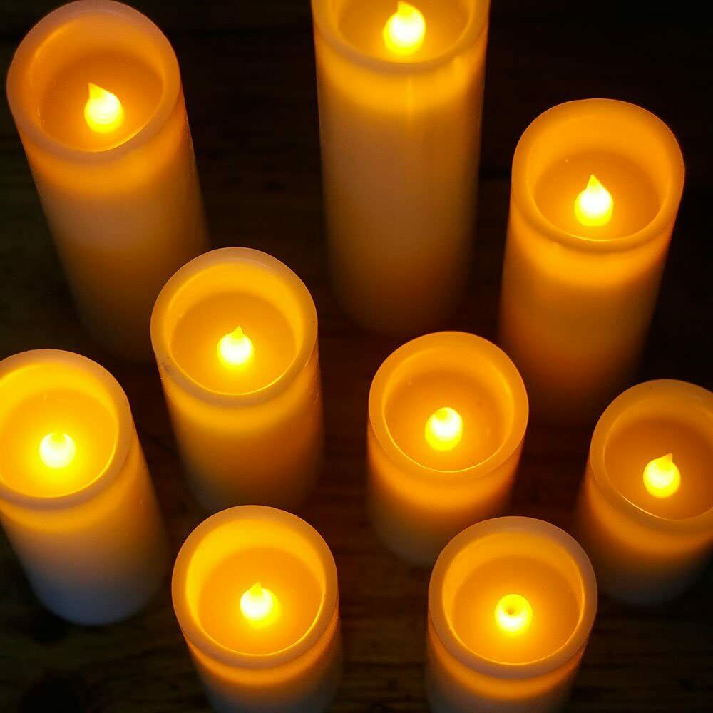 Battery Operated Flameless Candles Set of 9 Real Wax LED Remote Control & Timer