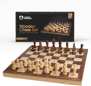 Wooden Chess Set Hand Carved Made 15"×15" Wood Board Crafted Pieces Folding Game