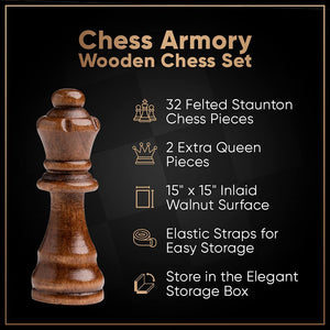 Wooden Chess Set Hand Carved Made 15"×15" Wood Board Crafted Pieces Folding Game