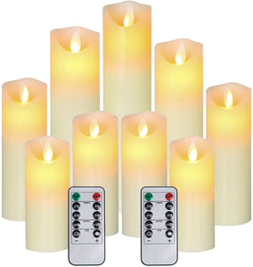 Flameless Pillar Ivory Candles Set of 9 Moving Wick LED with Remote Control & Timer