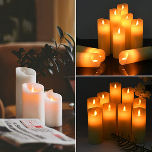 Flameless Pillar Ivory Candles Set of 9 Moving Wick LED with Remote Control & Timer