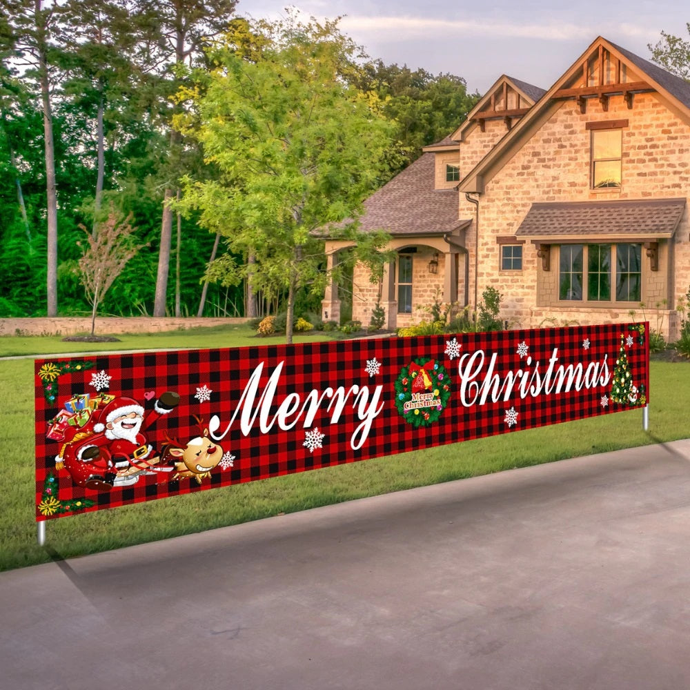 Red Plaid Large Beautiful Merry Christmas Outdoor Banner, Christmas Decor for House or Home