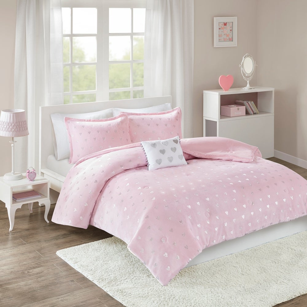 Jenna Pink Metallic Heart Printed Plush Comforter Set by Intelligent Design