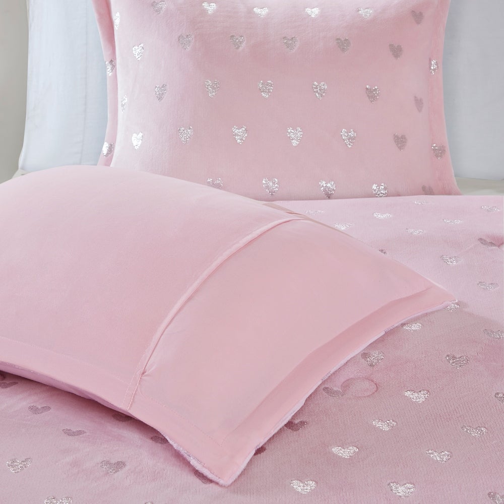 Jenna Pink Metallic Heart Printed Plush Comforter Set by Intelligent Design