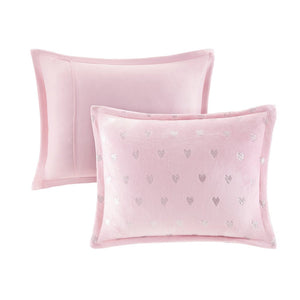 Jenna Pink Metallic Heart Printed Plush Comforter Set by Intelligent Design