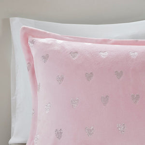 Jenna Pink Metallic Heart Printed Plush Comforter Set by Intelligent Design