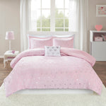 Jenna Pink Metallic Heart Printed Plush Comforter Set by Intelligent Design