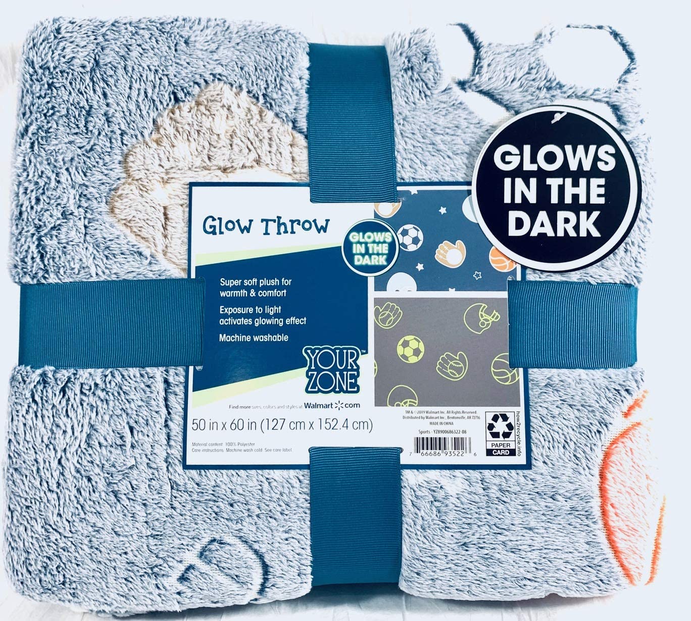 Glow in the Dark Throw Blanket Sports Kids Super Soft Fun Gift 50" x 60" Blue