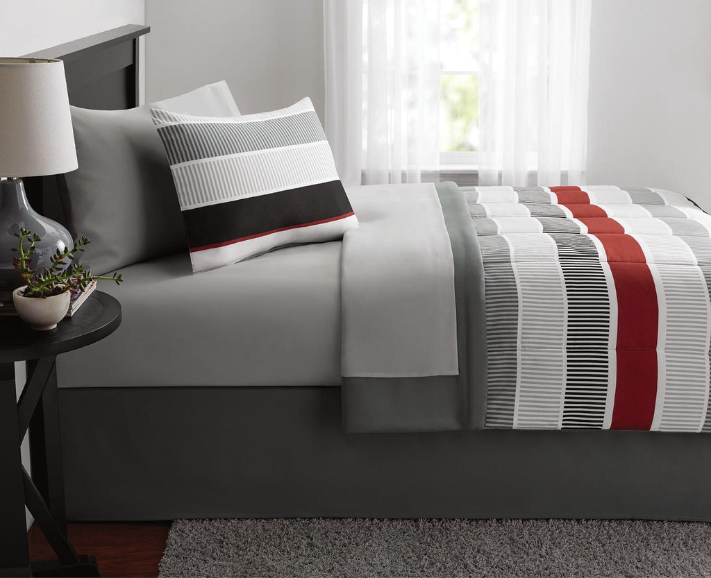 Red and White Stripe 8-Piece Bedding Set, Coordinating Bed in a Bag
