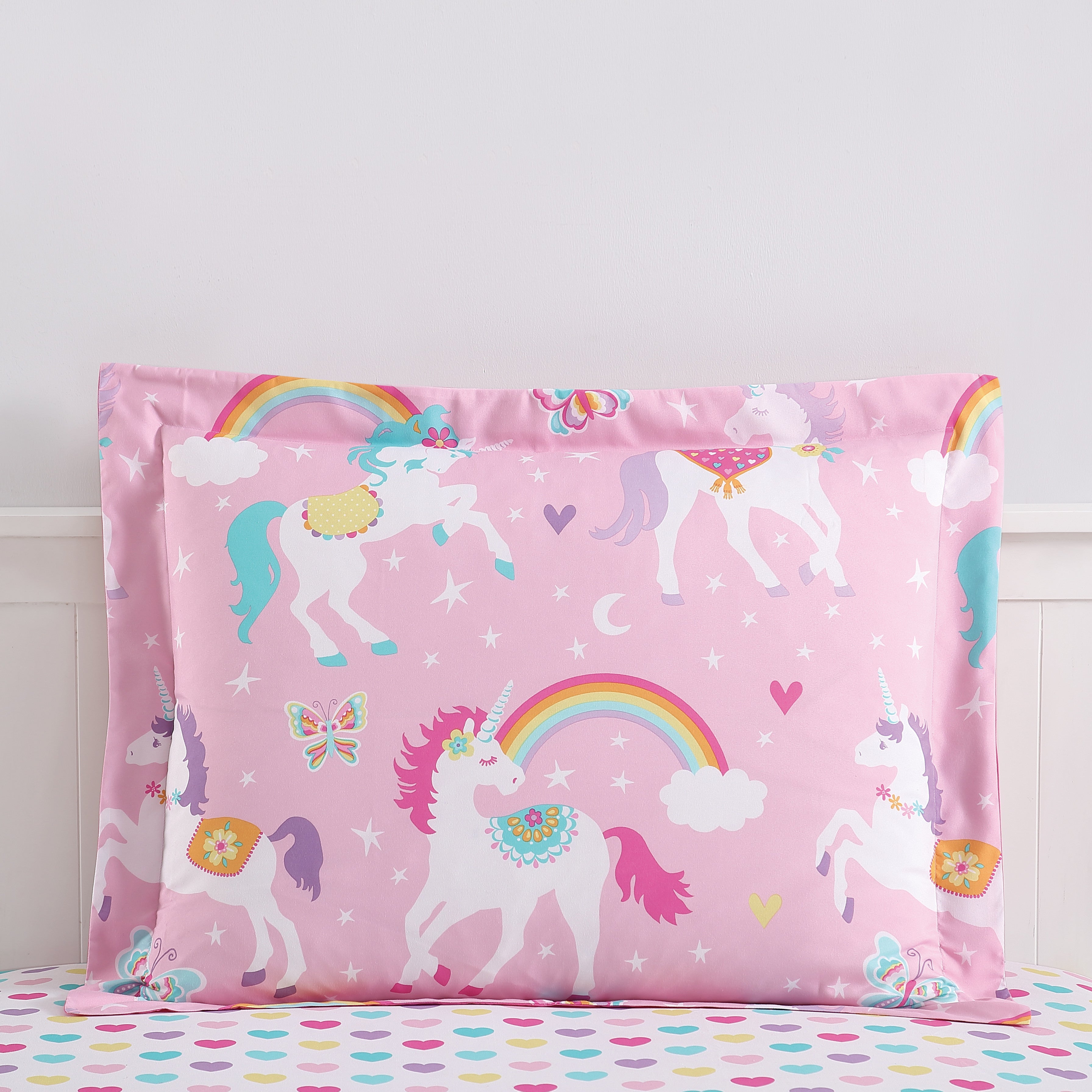 Kids Pink Rainbow Unicorn 7-Piece Bedding Set Girls Coordinated Comforter Sheets Set