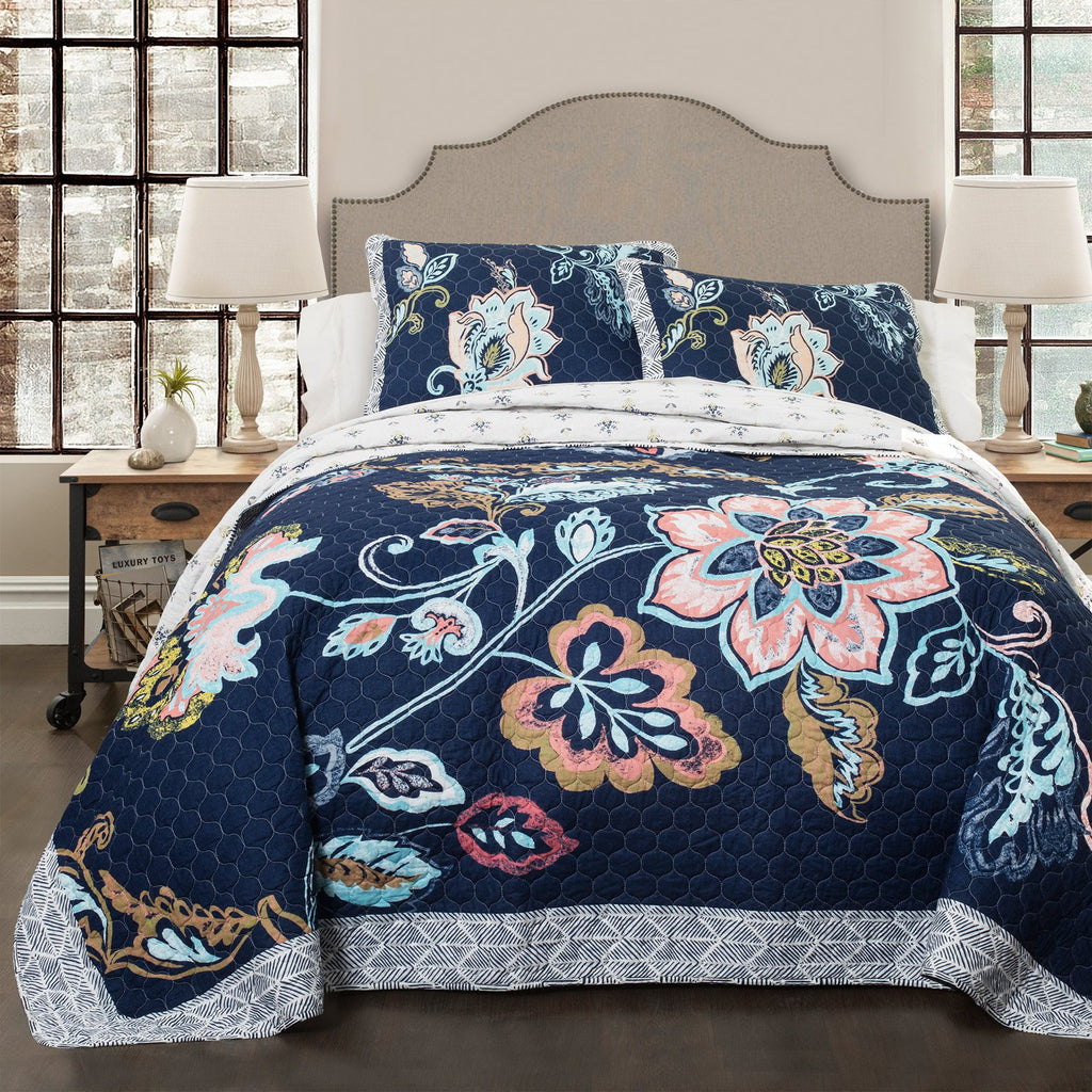 Lush Decor Aster Quilt Reversible Navy Blue Flower Pattern 3-Piece Bedding Set, Blanket Bedspread