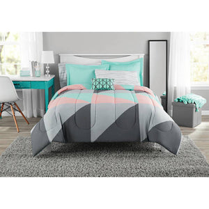 Modern Grey and Teal 8-Piece Bedding Set, Girls Fun Bold Comforter Set