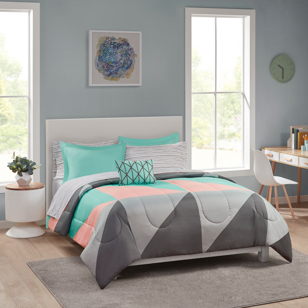 Modern Grey and Teal 8-Piece Bedding Set, Girls Fun Bold Comforter Set